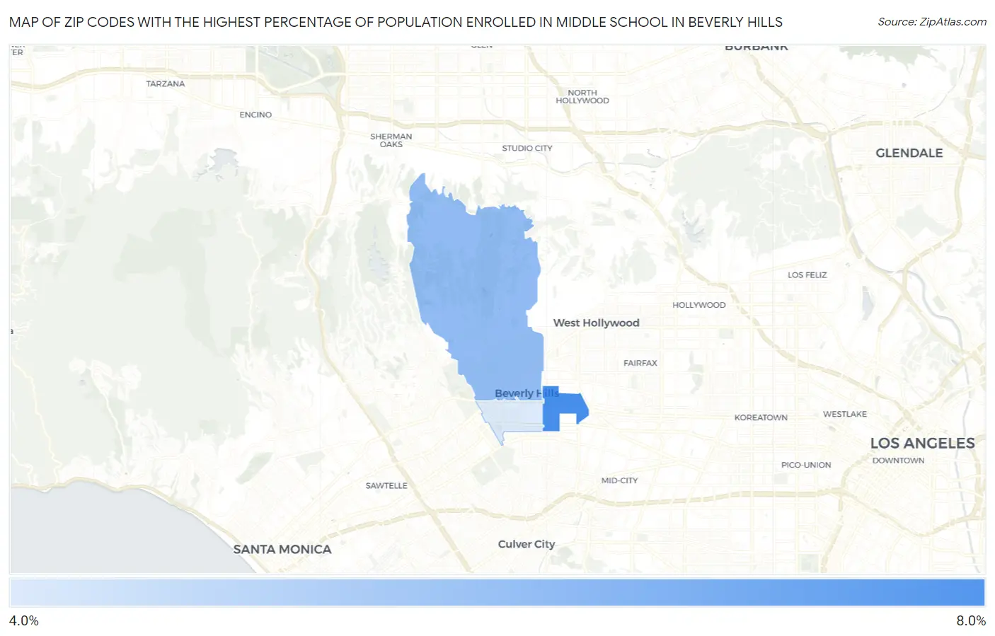 Zip Codes with the Highest Percentage of Population Enrolled in Middle School in Beverly Hills Map