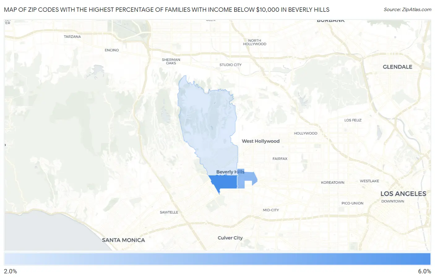 Zip Codes with the Highest Percentage of Families with Income Below $10,000 in Beverly Hills Map