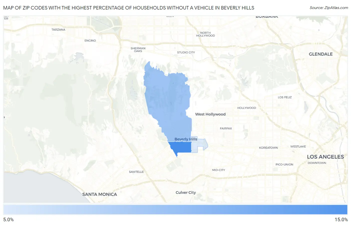 Zip Codes with the Highest Percentage of Households Without a Vehicle in Beverly Hills Map