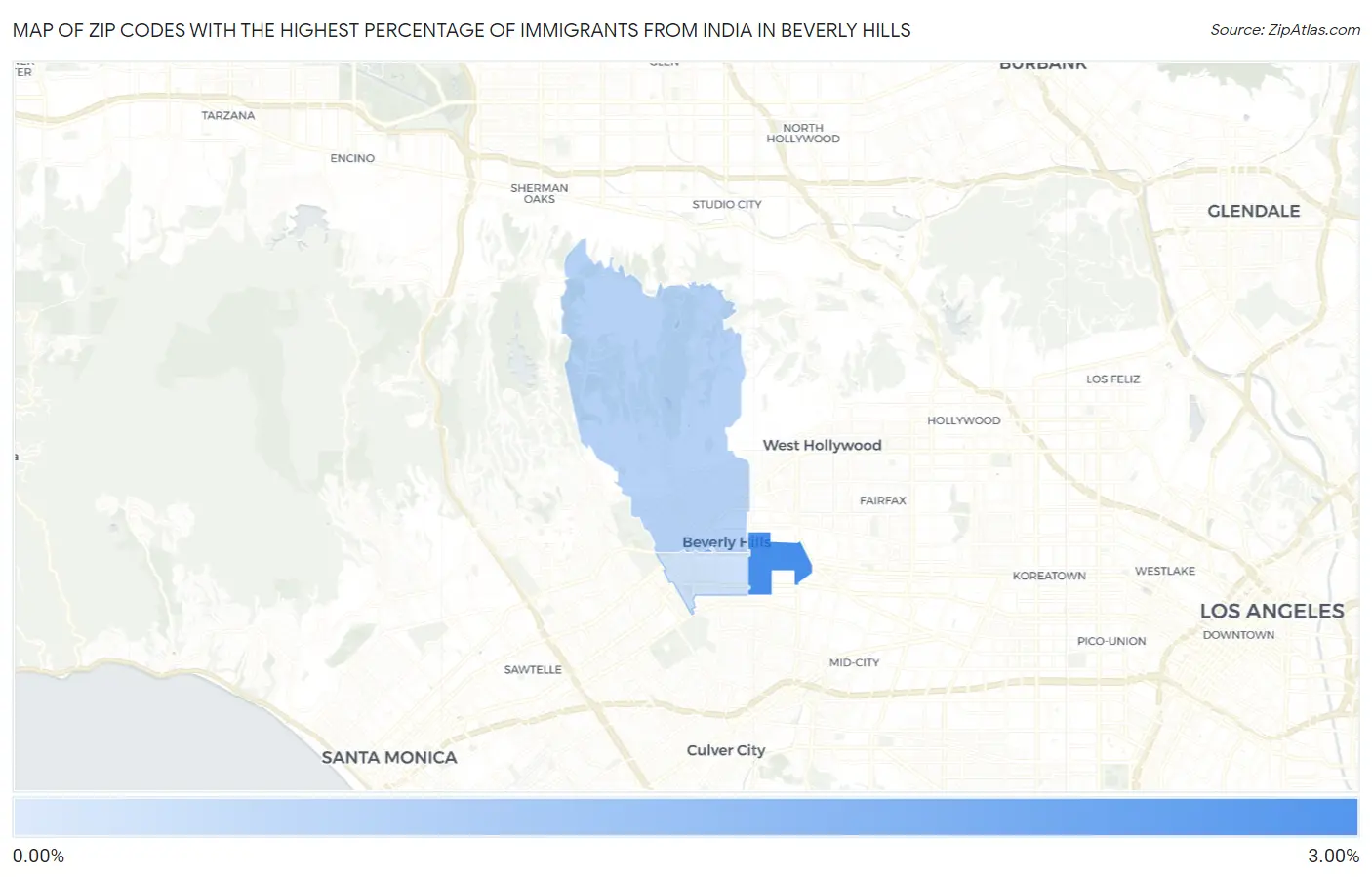 Zip Codes with the Highest Percentage of Immigrants from India in Beverly Hills Map