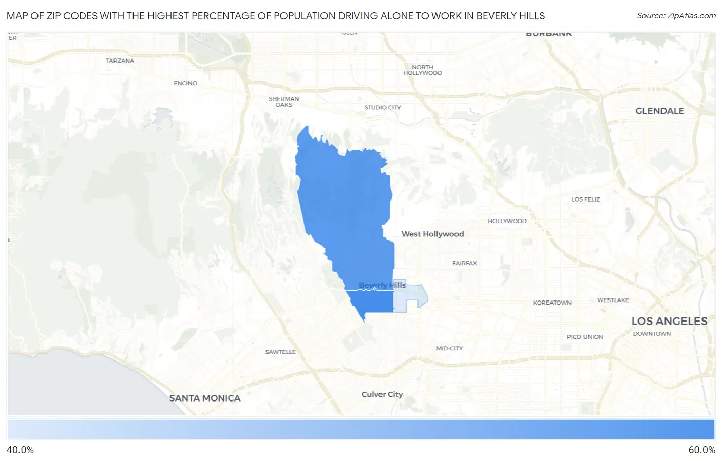 Zip Codes with the Highest Percentage of Population Driving Alone to Work in Beverly Hills Map