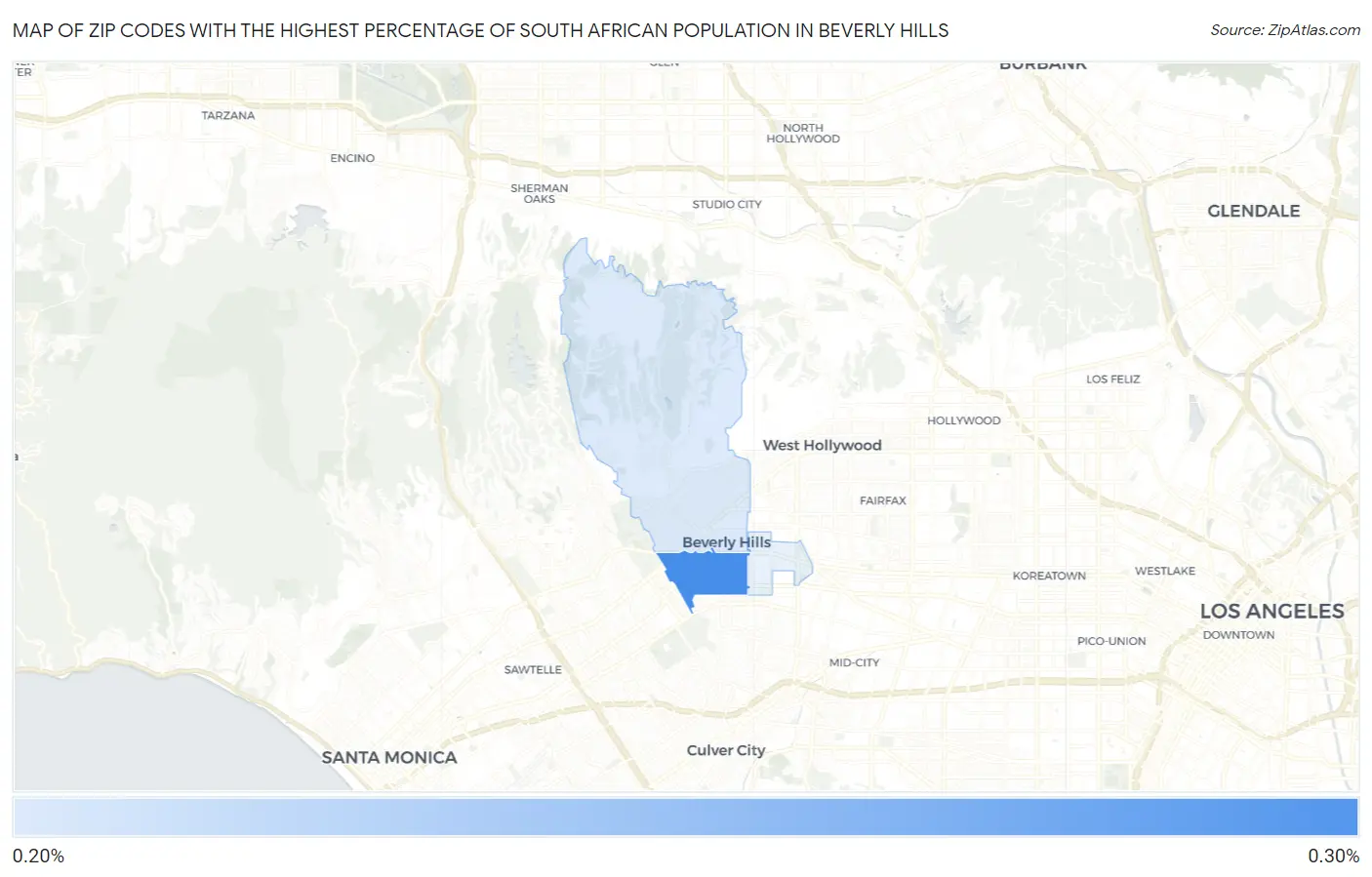 Zip Codes with the Highest Percentage of South African Population in Beverly Hills Map