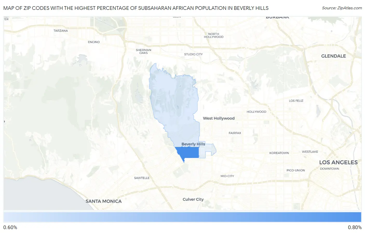 Zip Codes with the Highest Percentage of Subsaharan African Population in Beverly Hills Map