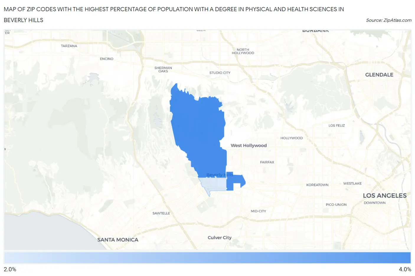 Zip Codes with the Highest Percentage of Population with a Degree in Physical and Health Sciences in Beverly Hills Map