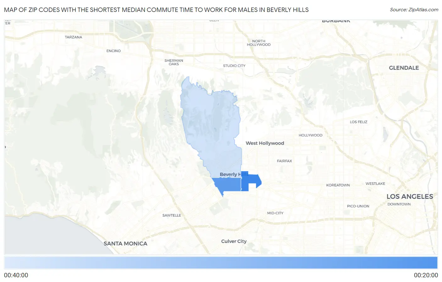 Zip Codes with the Shortest Median Commute Time to Work for Males in Beverly Hills Map
