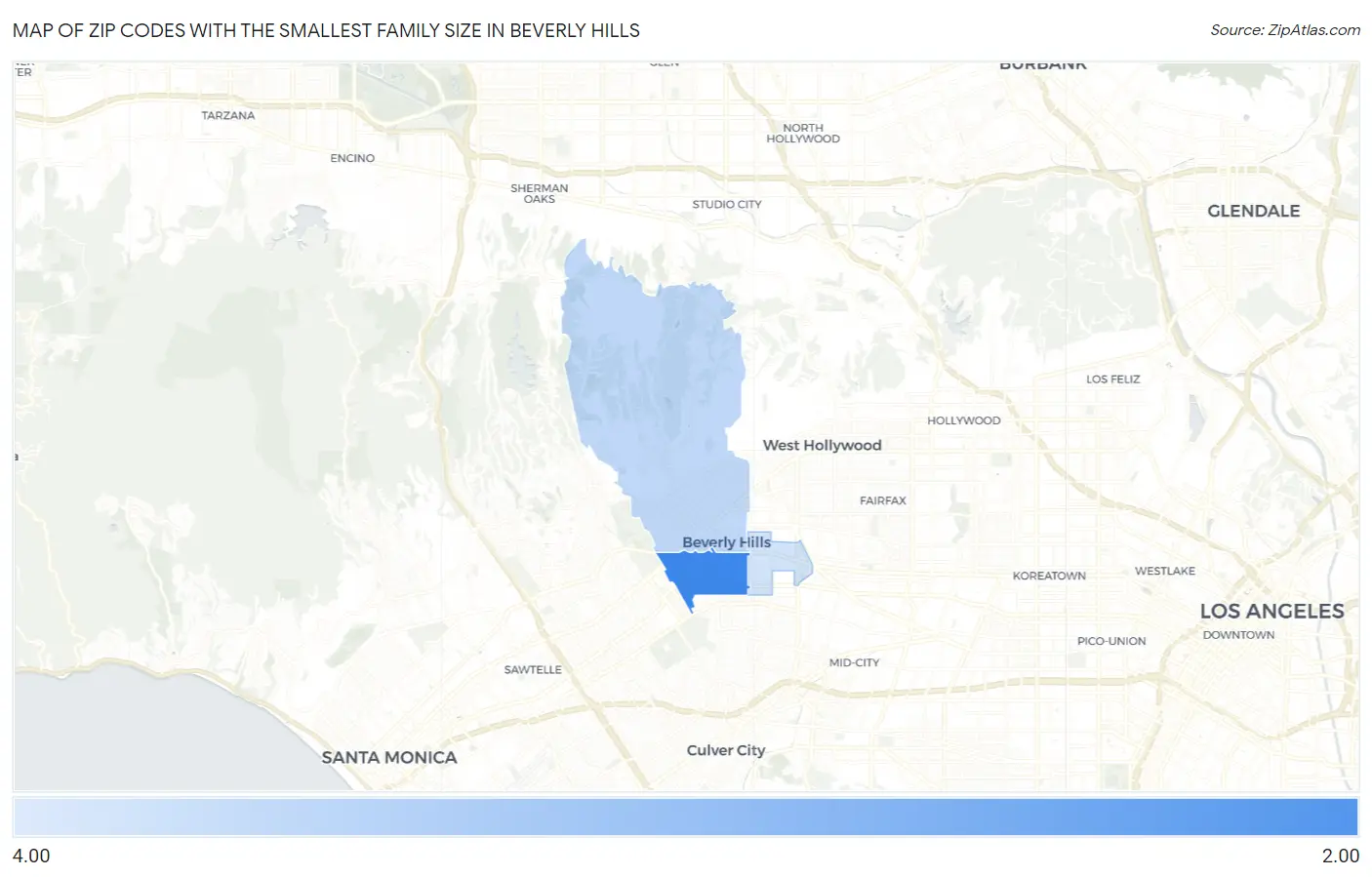 Zip Codes with the Smallest Family Size in Beverly Hills Map