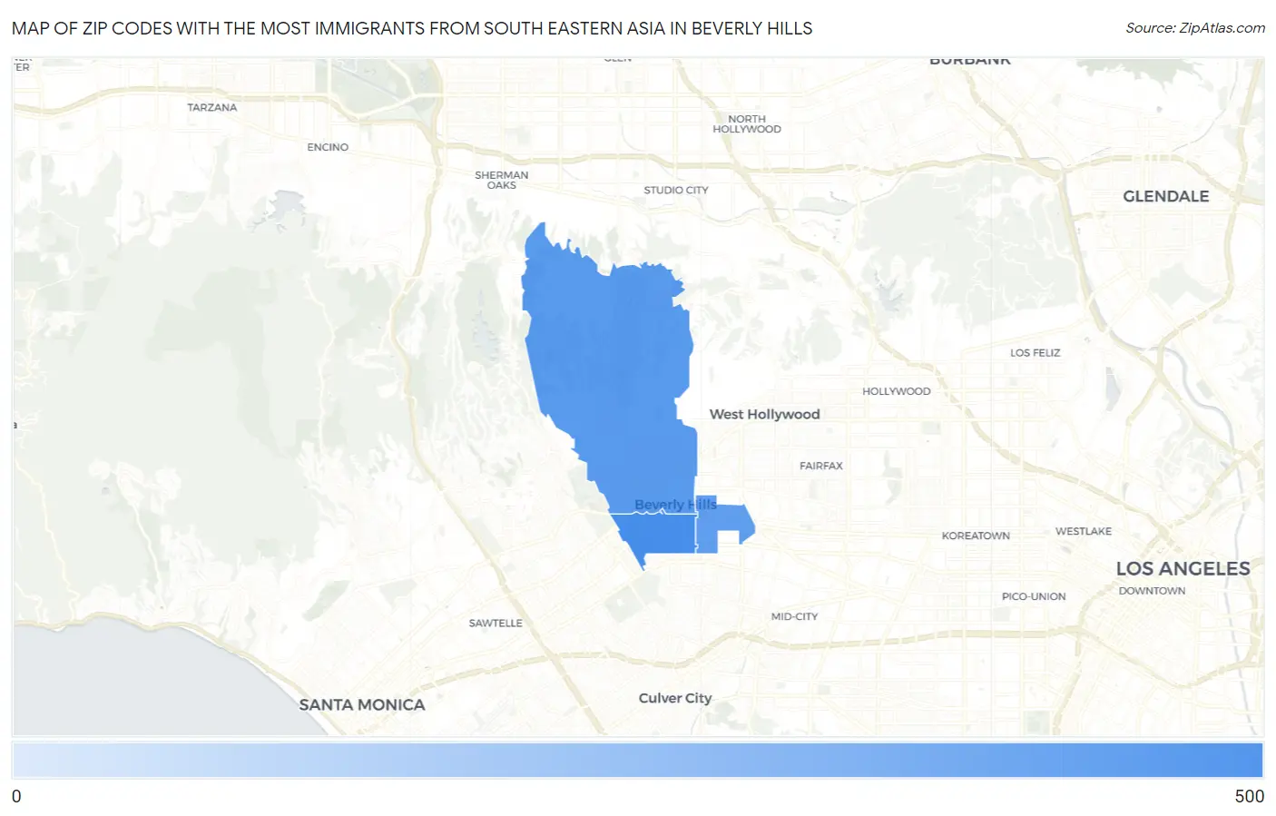 Zip Codes with the Most Immigrants from South Eastern Asia in Beverly Hills Map