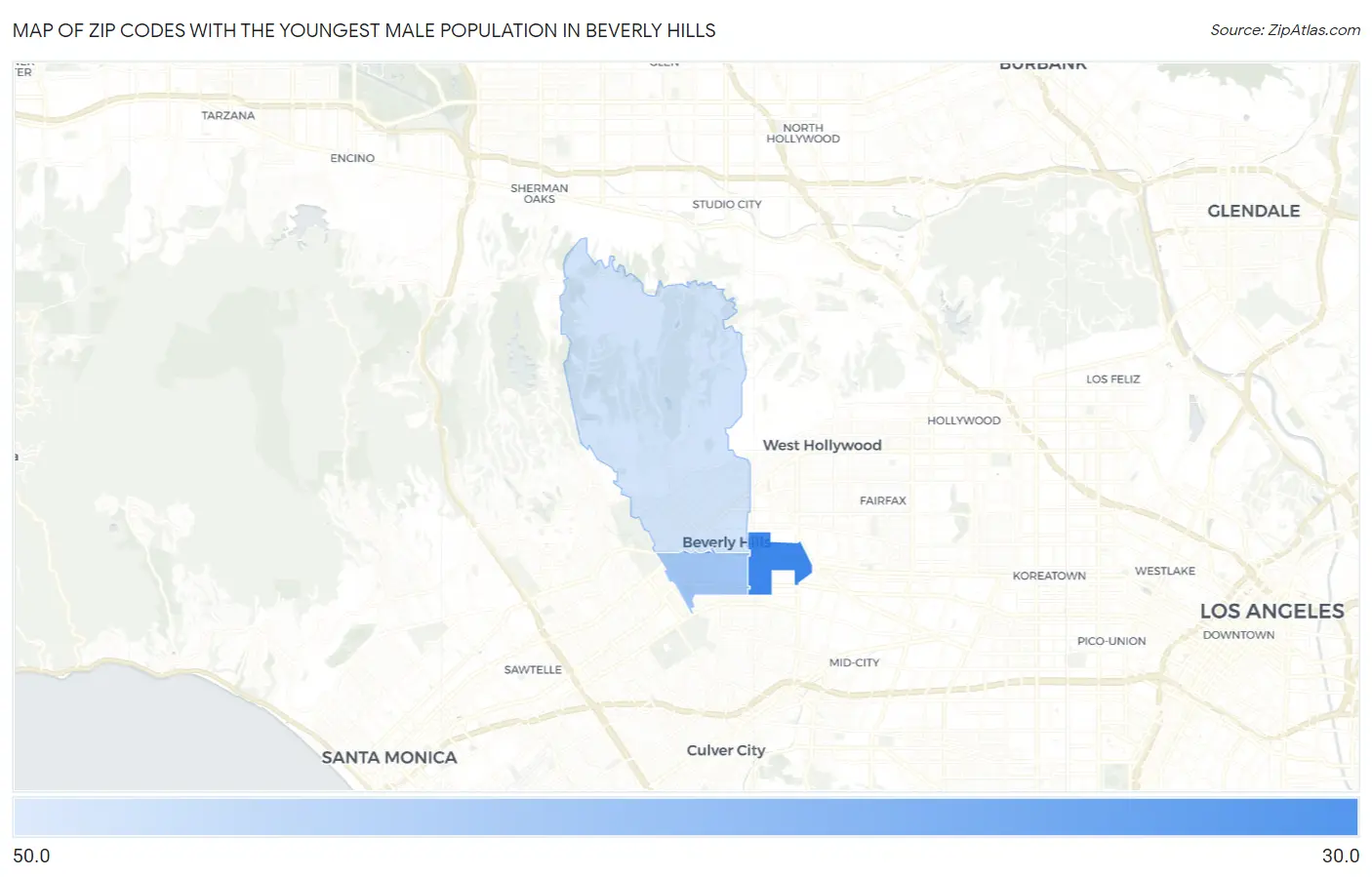 Zip Codes with the Youngest Male Population in Beverly Hills Map