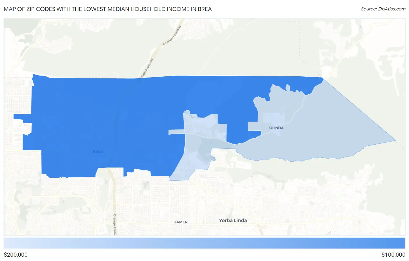 Zip Codes with the Lowest Median Household Income in Brea Map