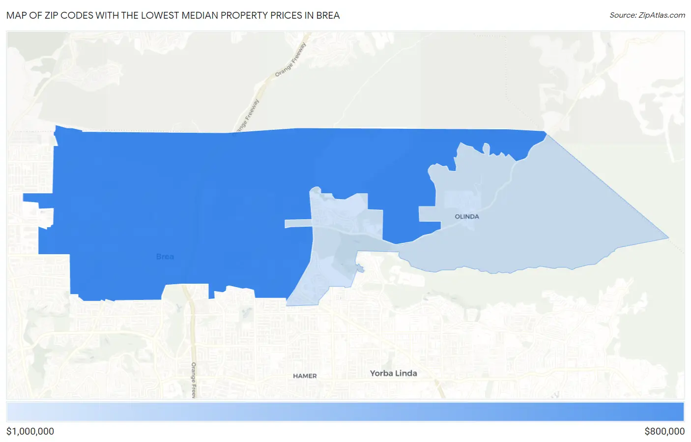 Zip Codes with the Lowest Median Property Prices in Brea Map