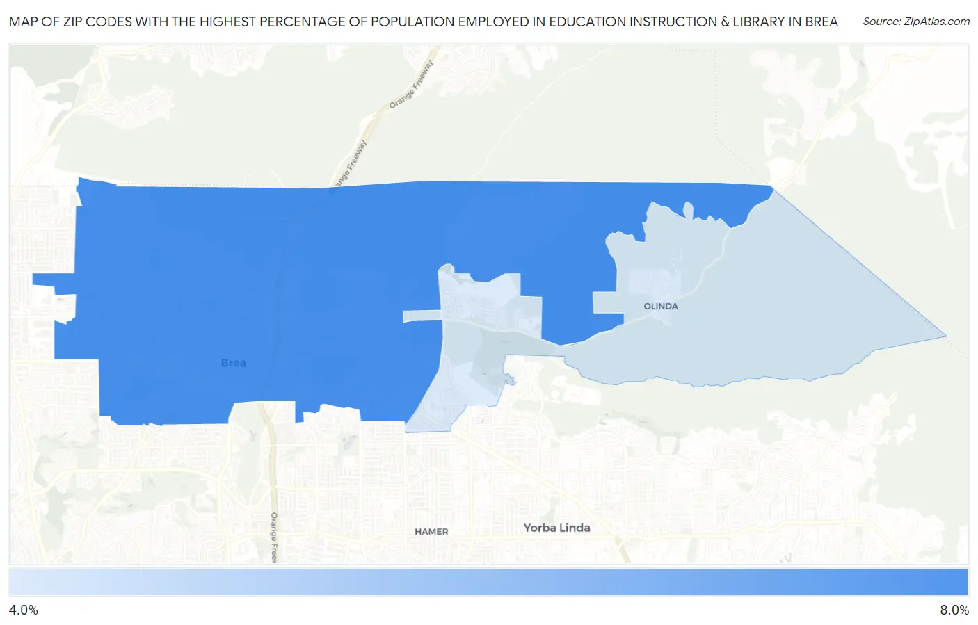 Zip Codes with the Highest Percentage of Population Employed in Education Instruction & Library in Brea Map