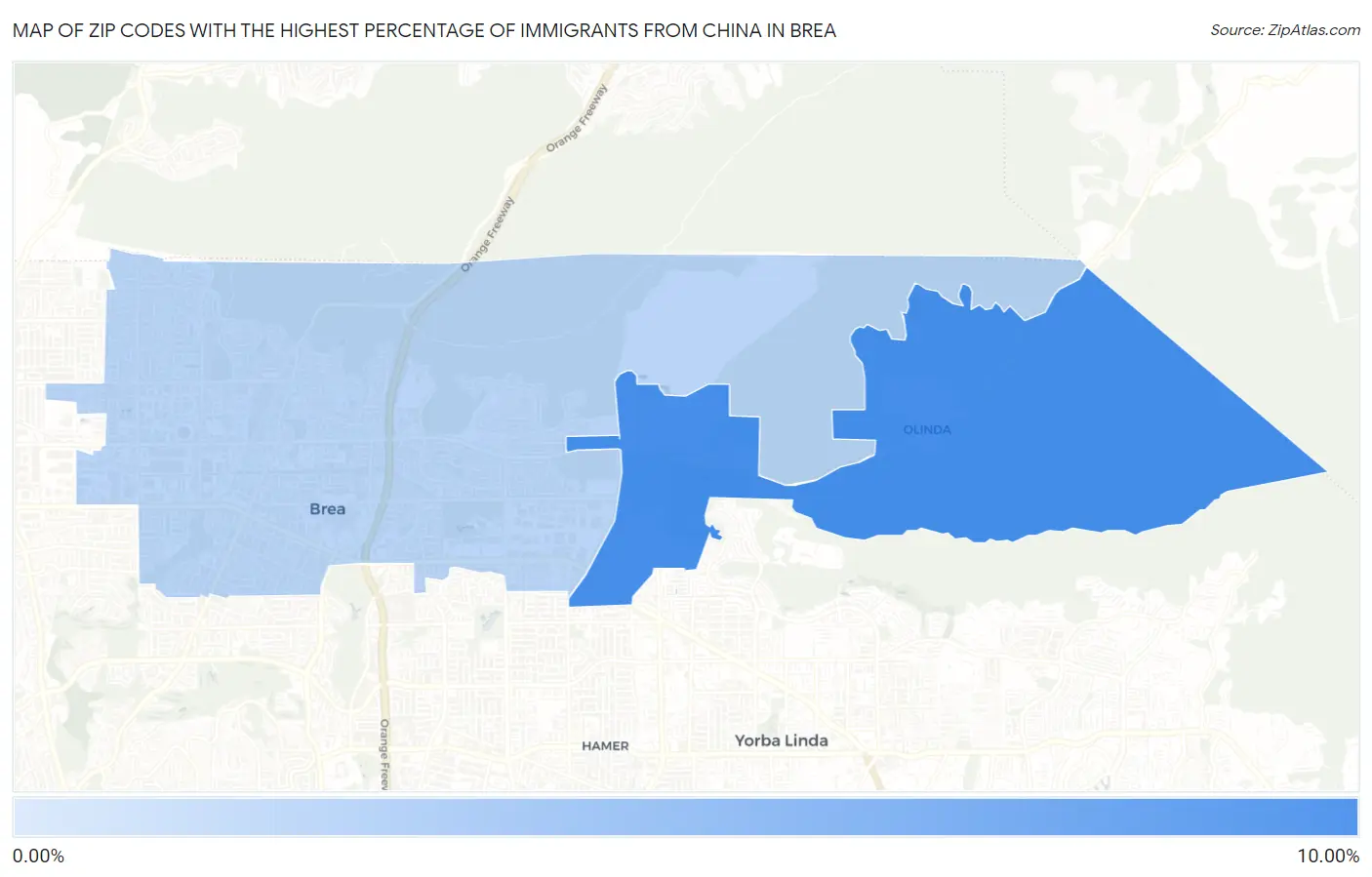Zip Codes with the Highest Percentage of Immigrants from China in Brea Map