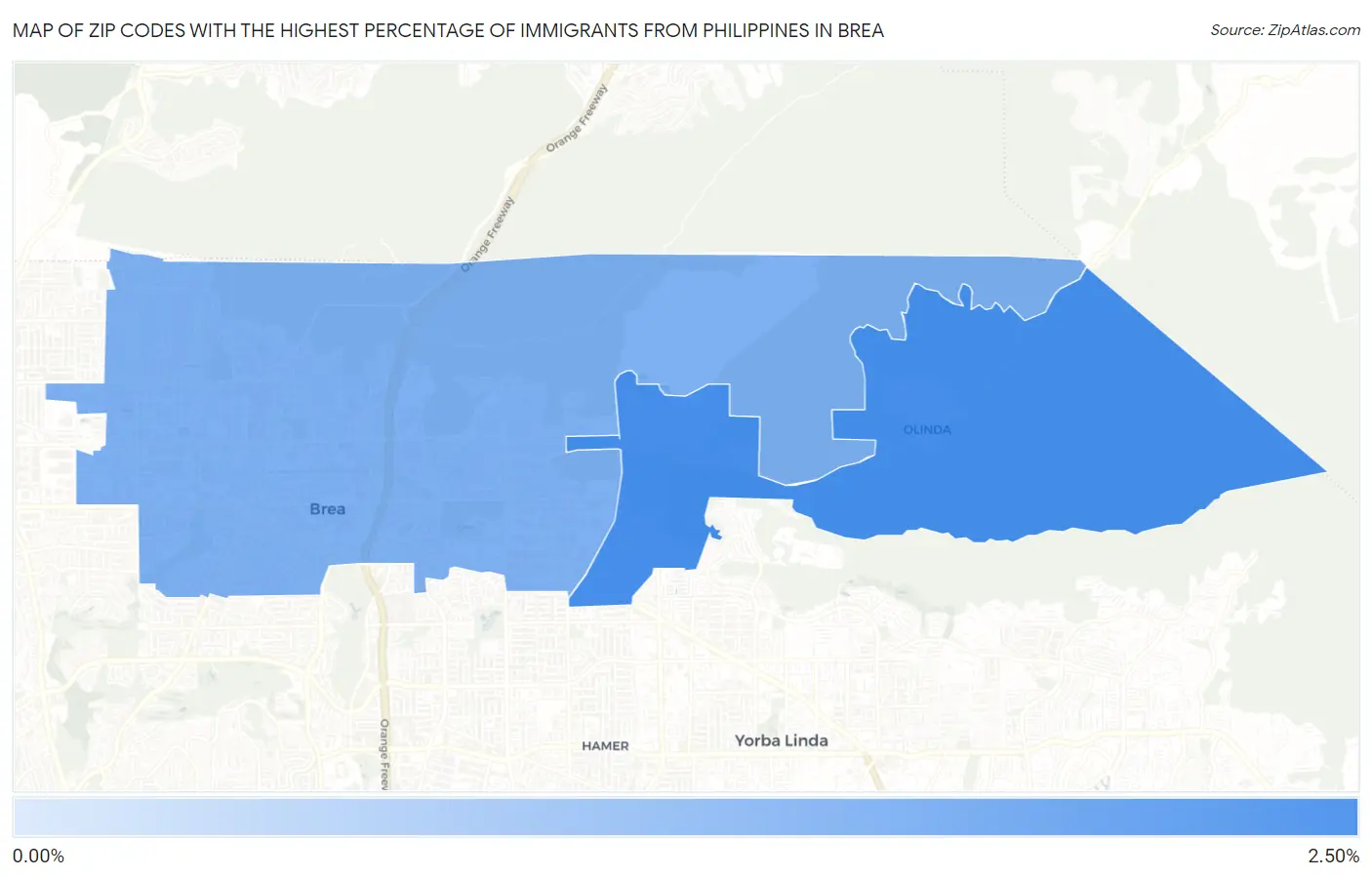 Zip Codes with the Highest Percentage of Immigrants from Philippines in Brea Map