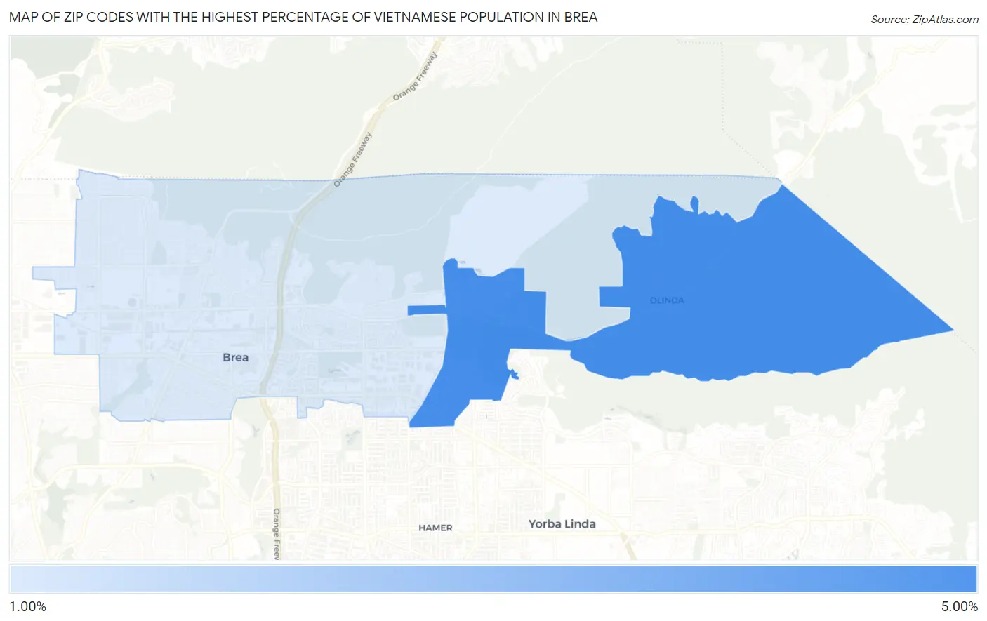 Zip Codes with the Highest Percentage of Vietnamese Population in Brea Map