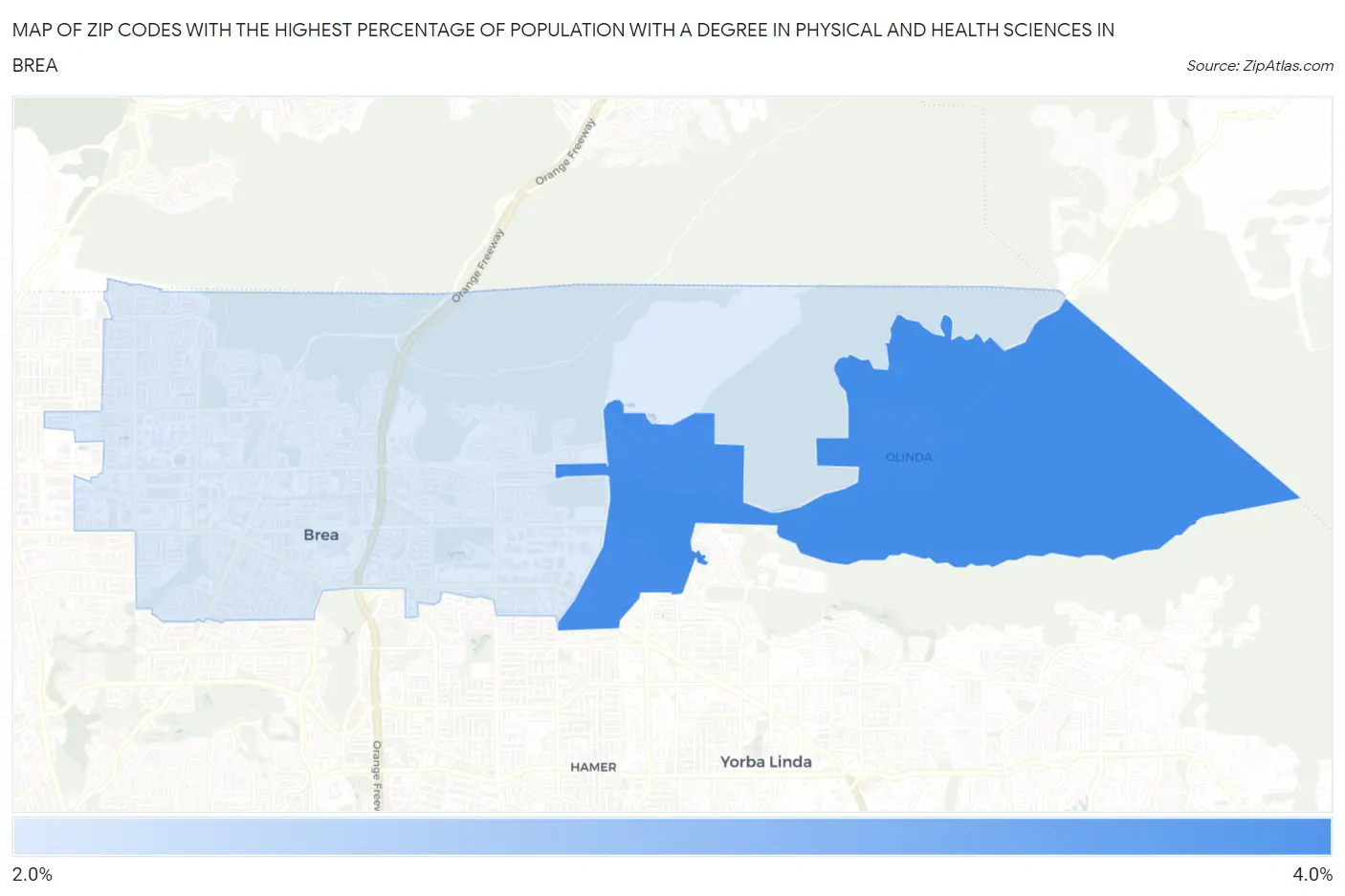 Zip Codes with the Highest Percentage of Population with a Degree in Physical and Health Sciences in Brea Map
