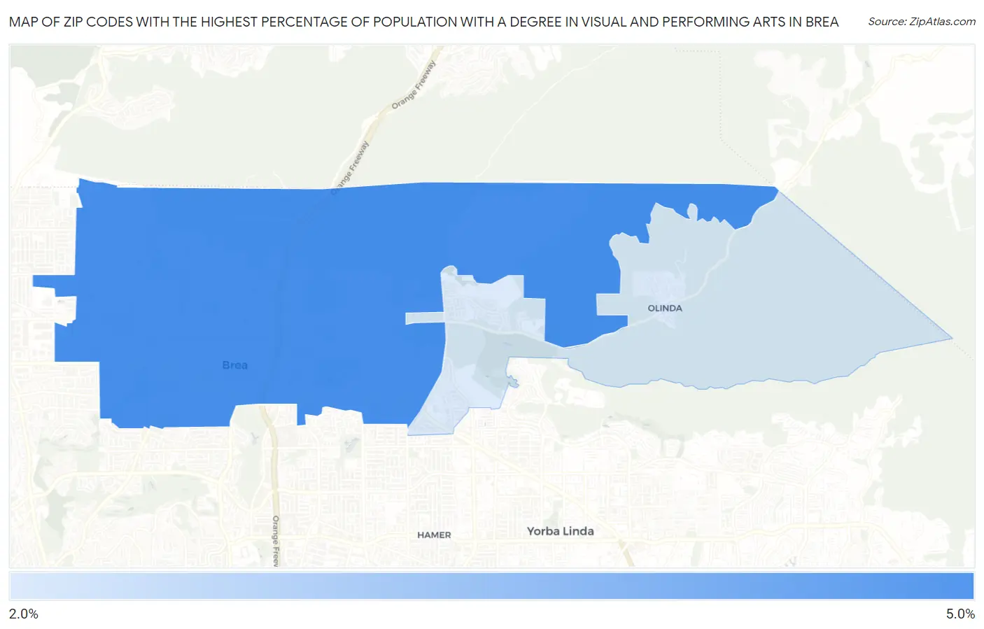 Zip Codes with the Highest Percentage of Population with a Degree in Visual and Performing Arts in Brea Map
