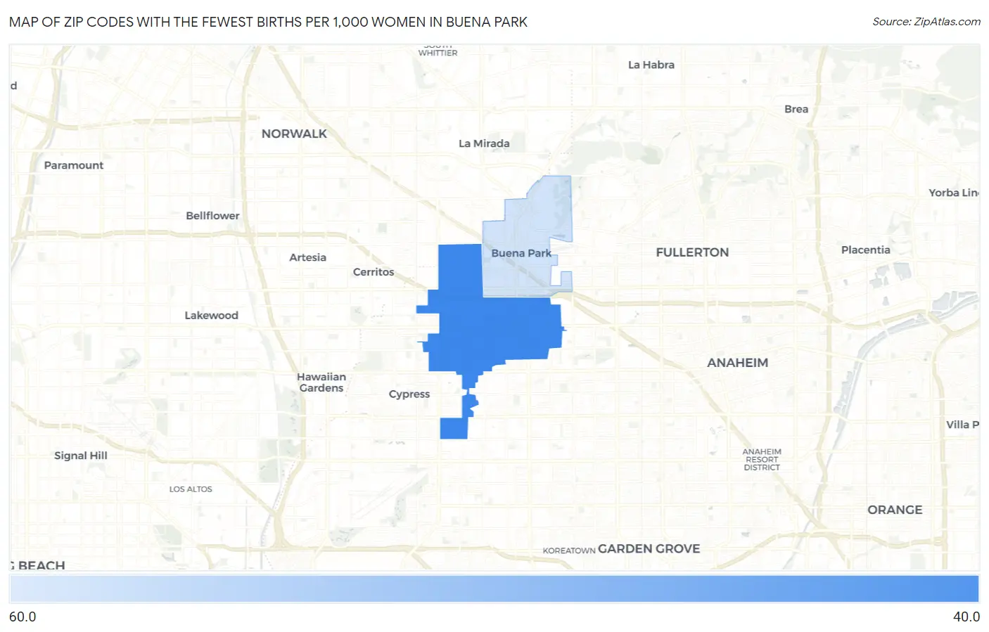 Zip Codes with the Fewest Births per 1,000 Women in Buena Park Map