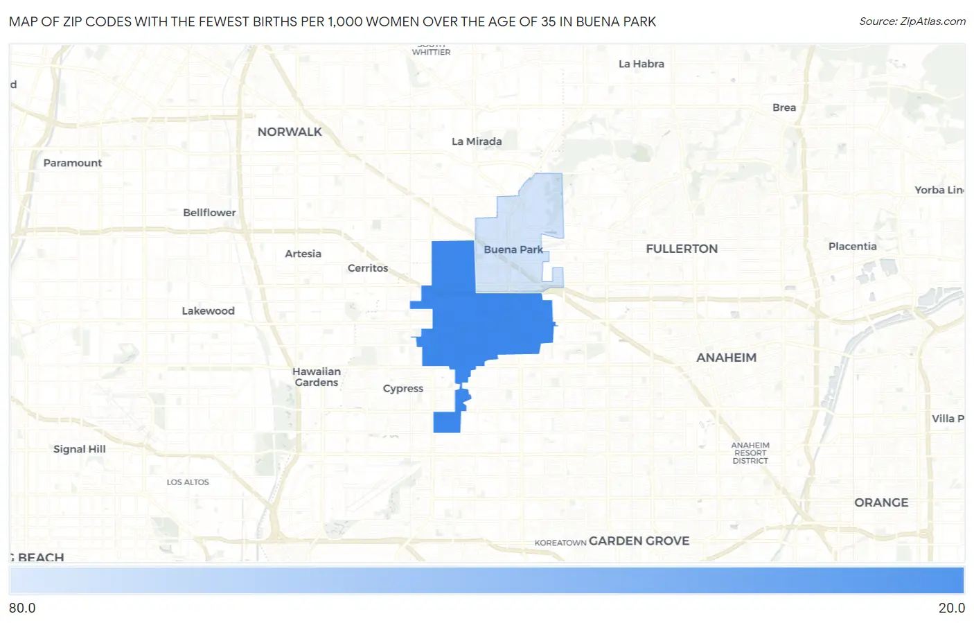 Zip Codes with the Fewest Births per 1,000 Women Over the Age of 35 in Buena Park Map