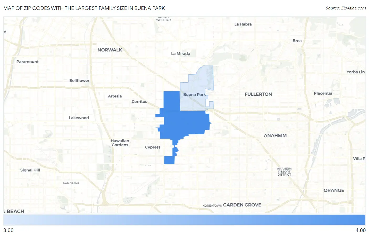 Zip Codes with the Largest Family Size in Buena Park Map