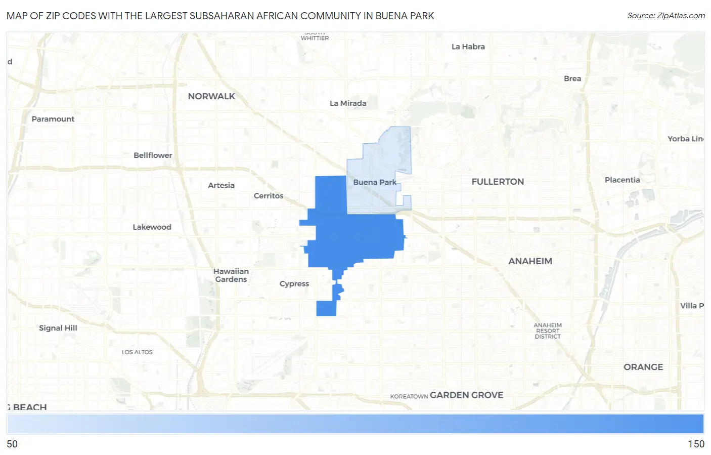 Zip Codes with the Largest Subsaharan African Community in Buena Park Map