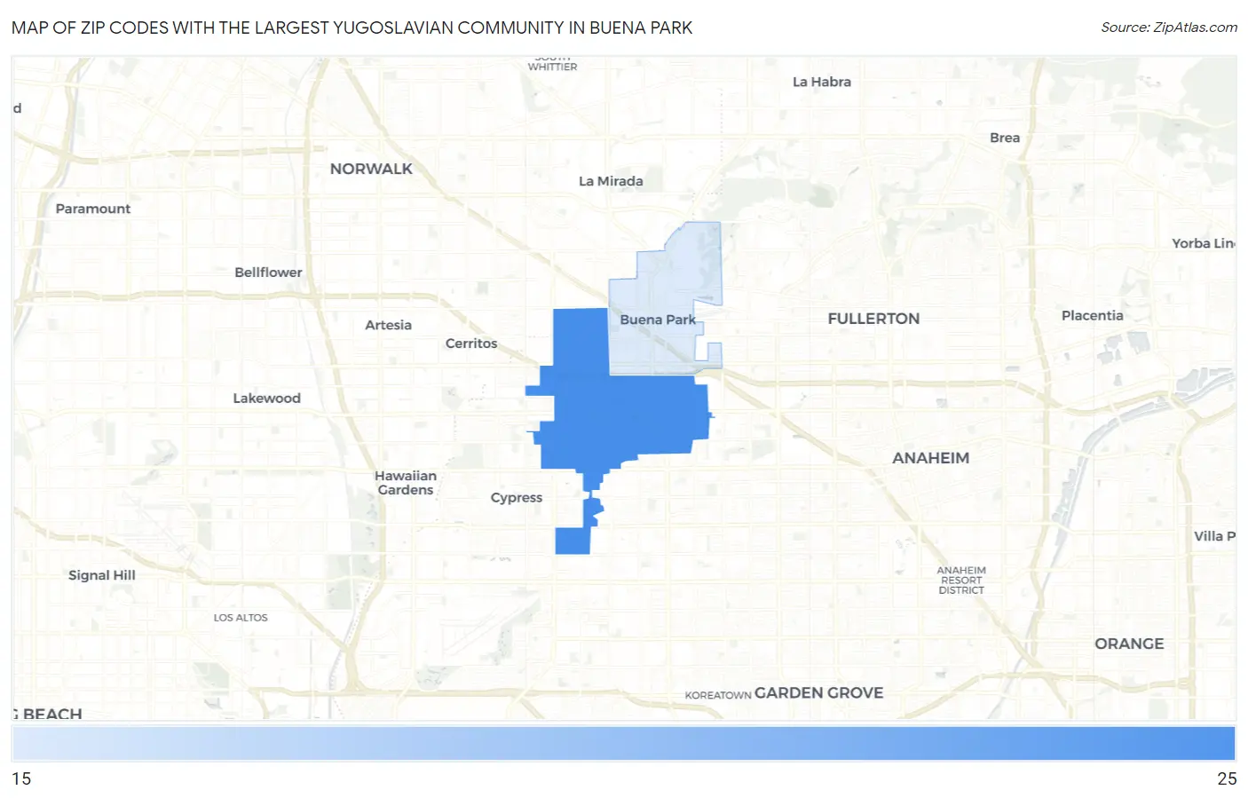 Zip Codes with the Largest Yugoslavian Community in Buena Park Map