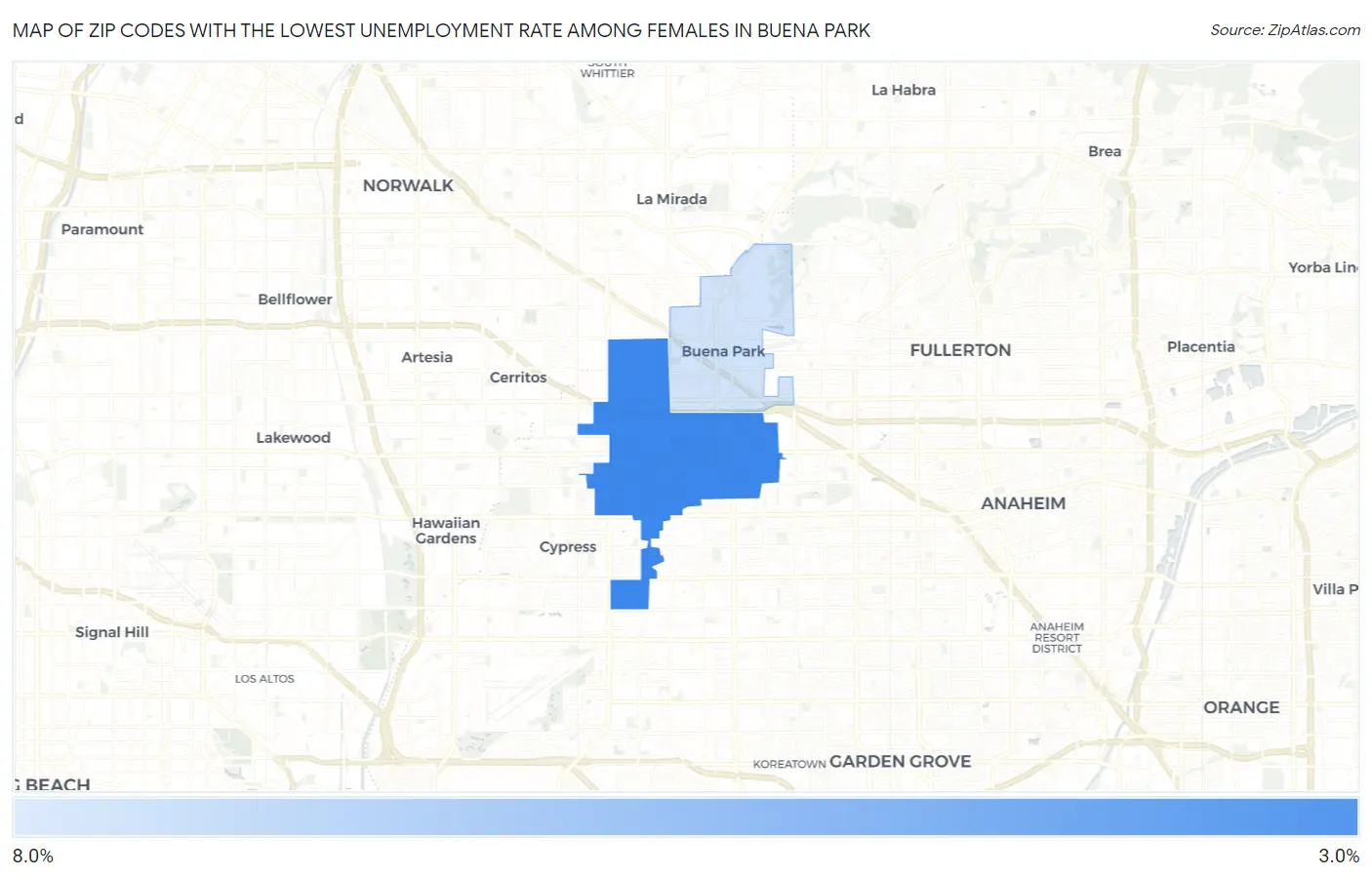 Zip Codes with the Lowest Unemployment Rate Among Females in Buena Park Map
