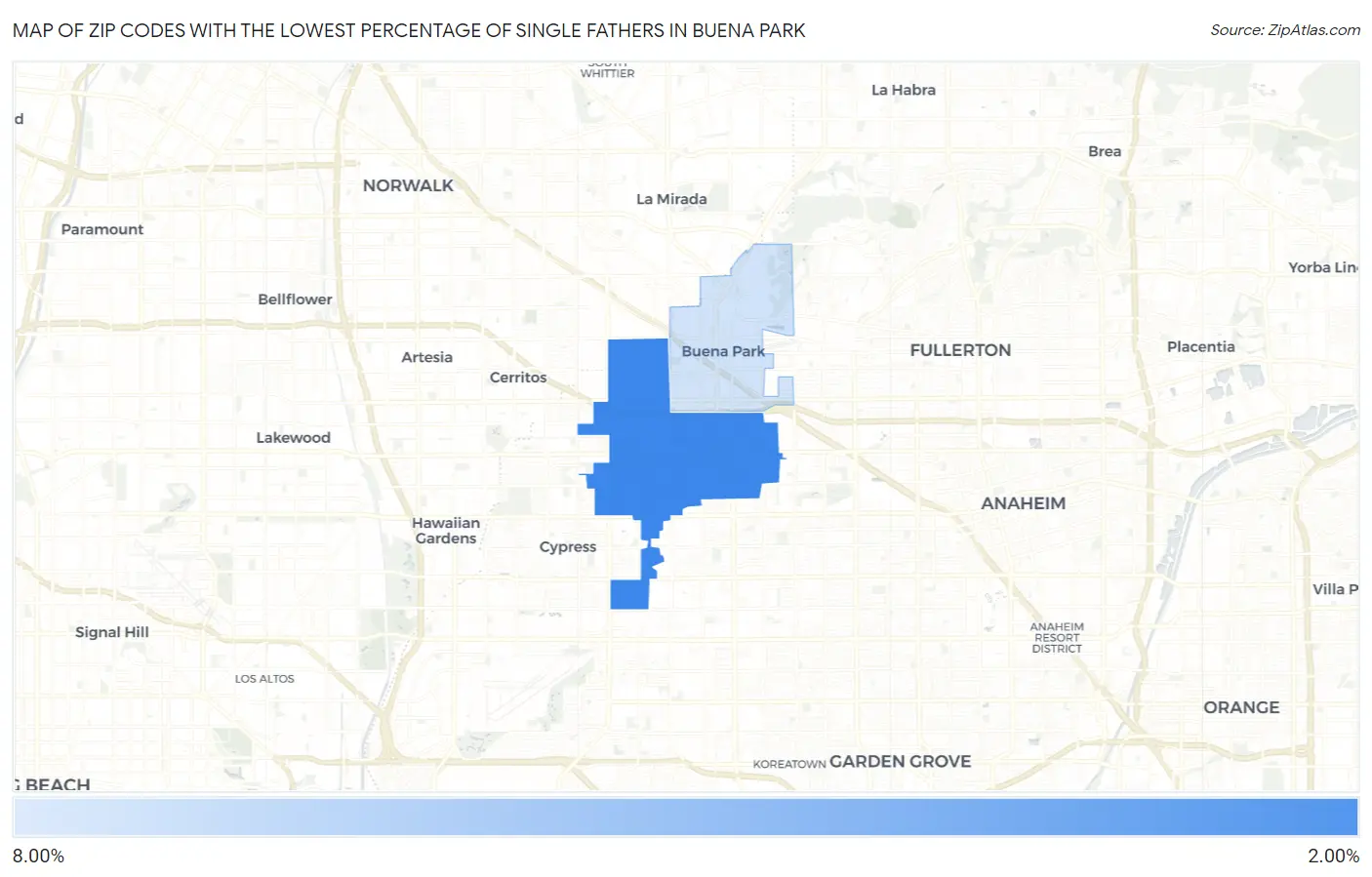 Zip Codes with the Lowest Percentage of Single Fathers in Buena Park Map