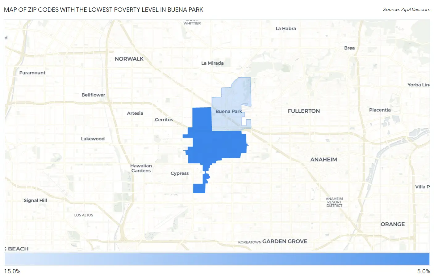 Zip Codes with the Lowest Poverty Level in Buena Park Map