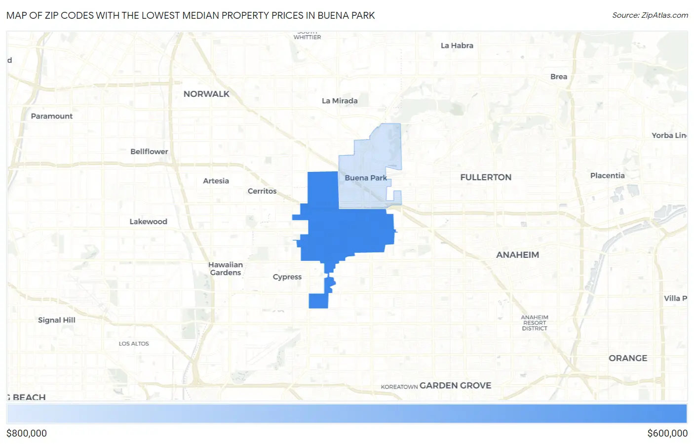 Zip Codes with the Lowest Median Property Prices in Buena Park Map