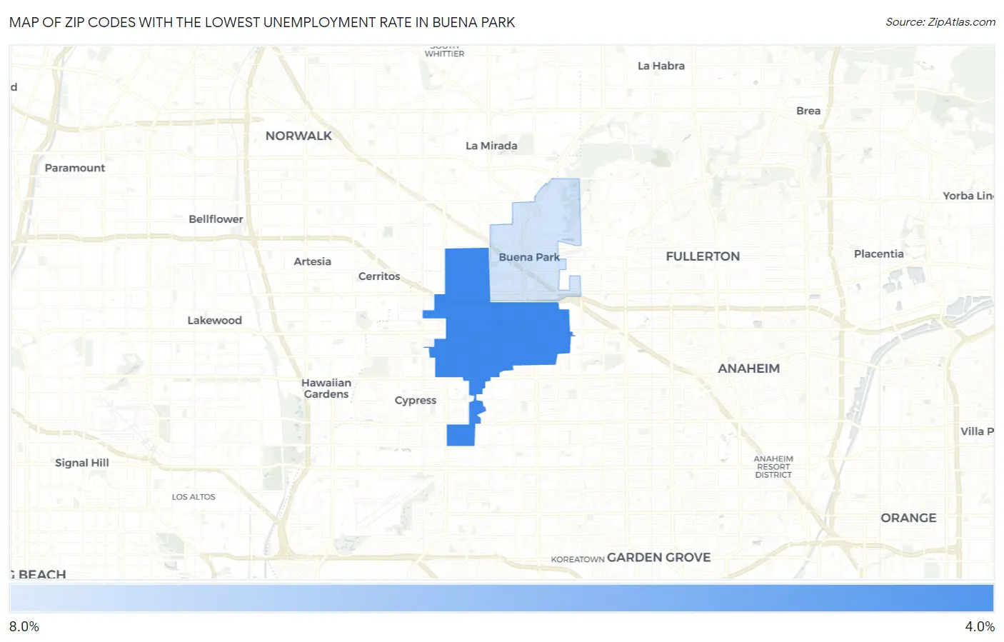 Zip Codes with the Lowest Unemployment Rate in Buena Park Map