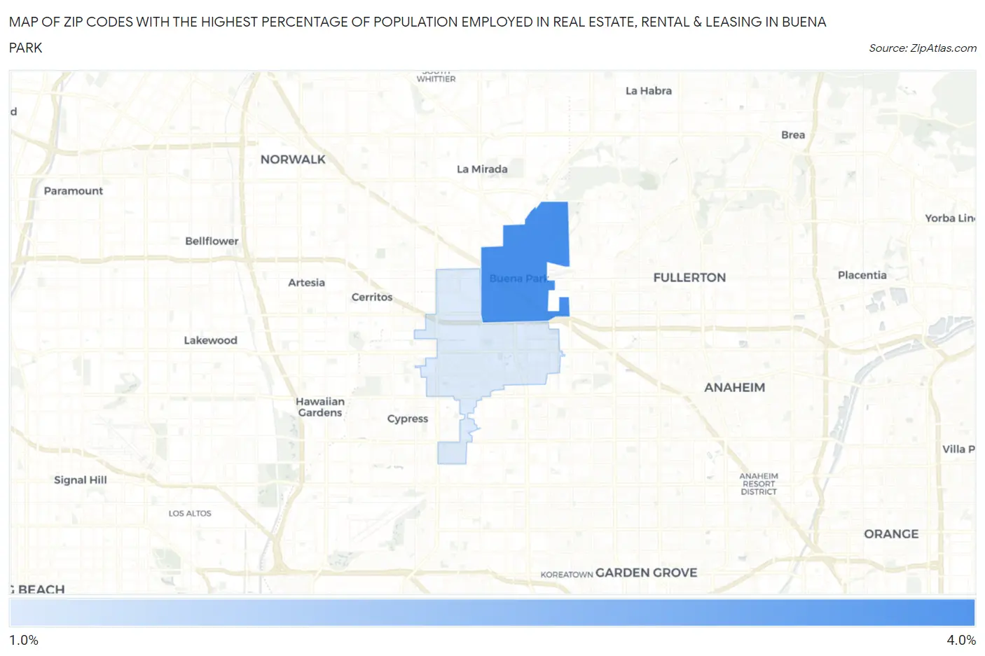 Zip Codes with the Highest Percentage of Population Employed in Real Estate, Rental & Leasing in Buena Park Map