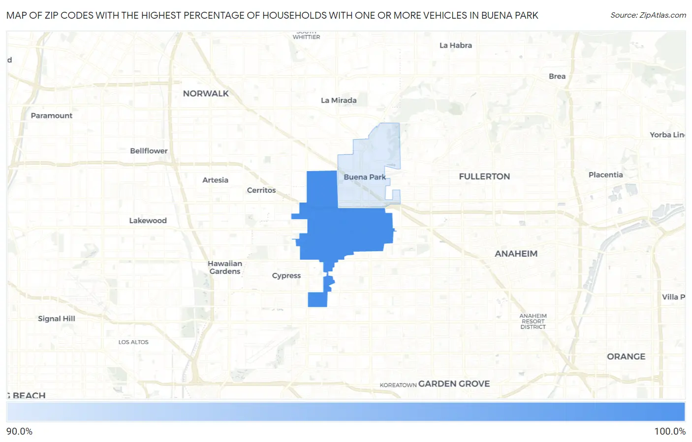 Zip Codes with the Highest Percentage of Households With One or more Vehicles in Buena Park Map