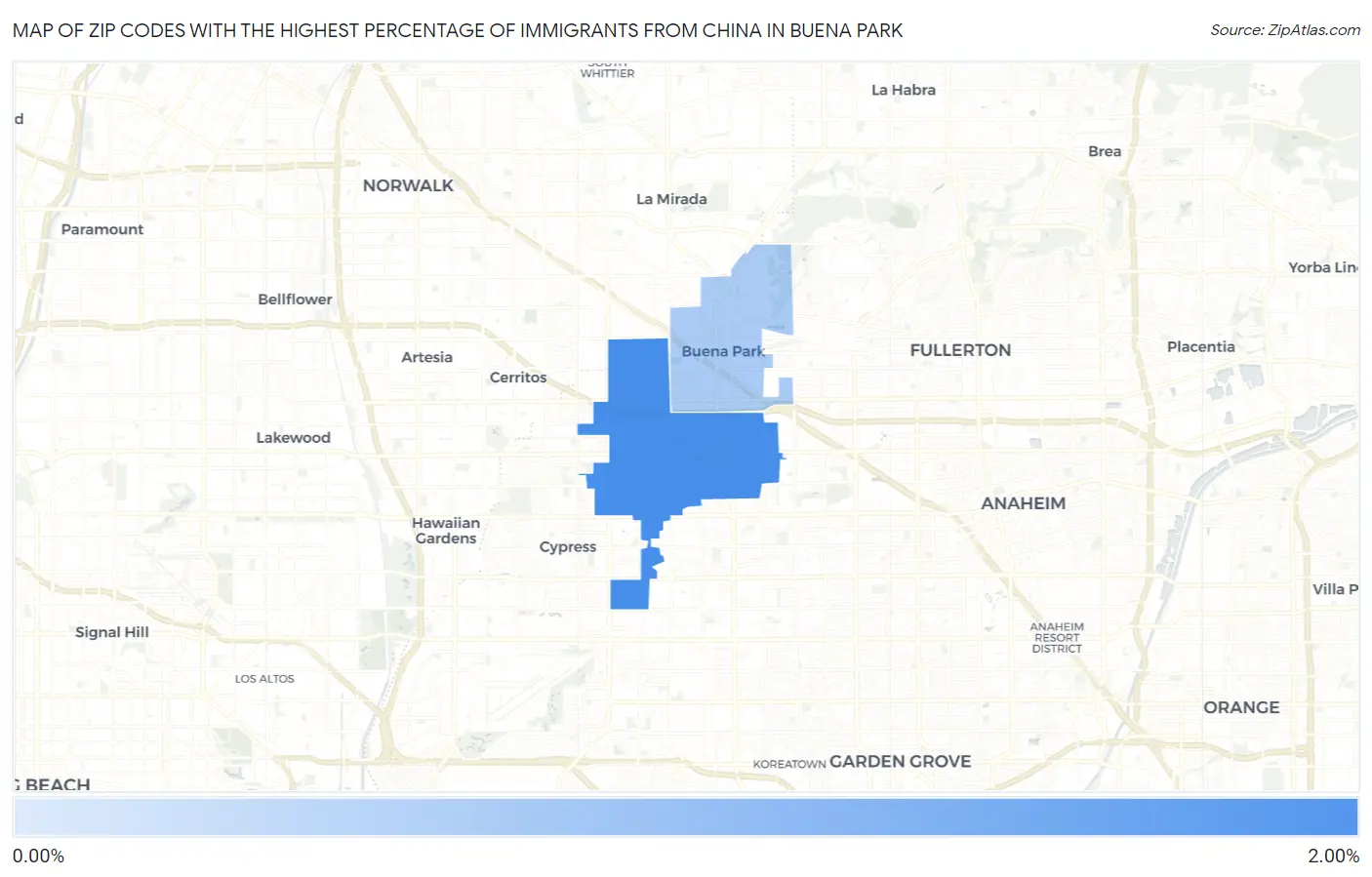Zip Codes with the Highest Percentage of Immigrants from China in Buena Park Map