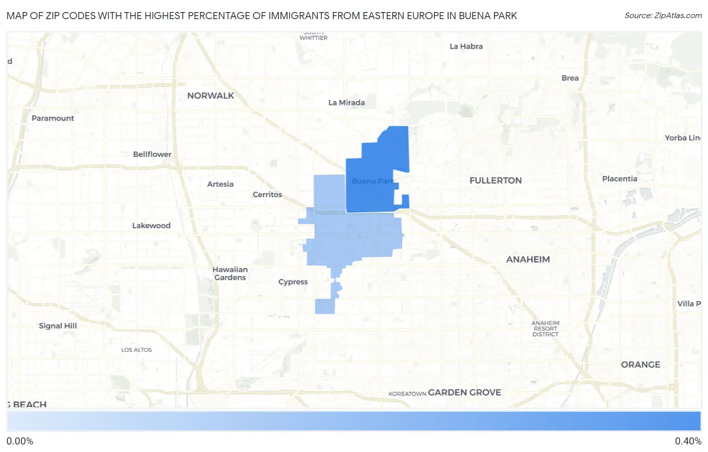 Zip Codes with the Highest Percentage of Immigrants from Eastern Europe in Buena Park Map