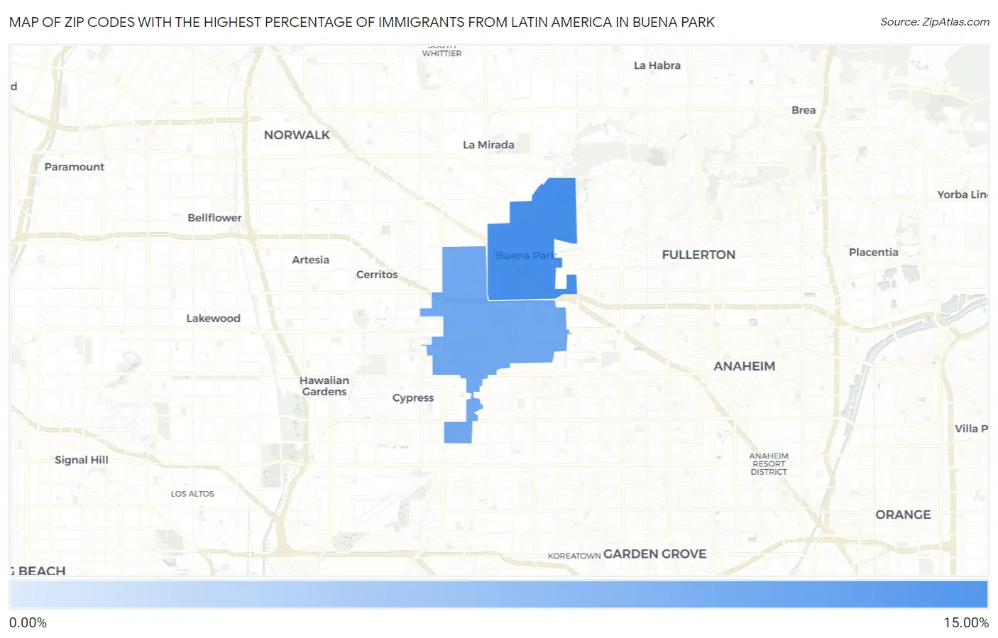 Zip Codes with the Highest Percentage of Immigrants from Latin America in Buena Park Map