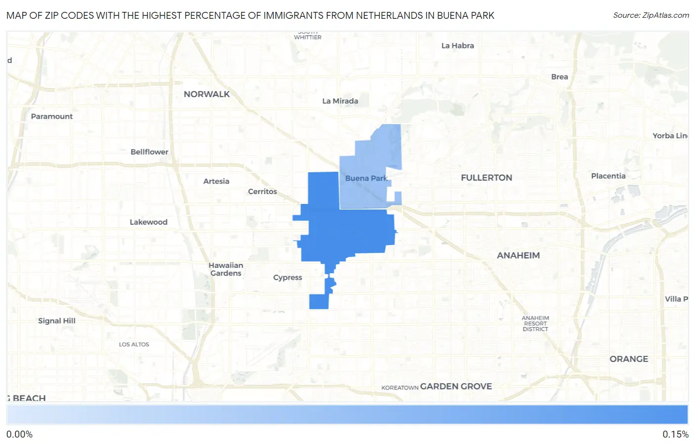 Zip Codes with the Highest Percentage of Immigrants from Netherlands in Buena Park Map