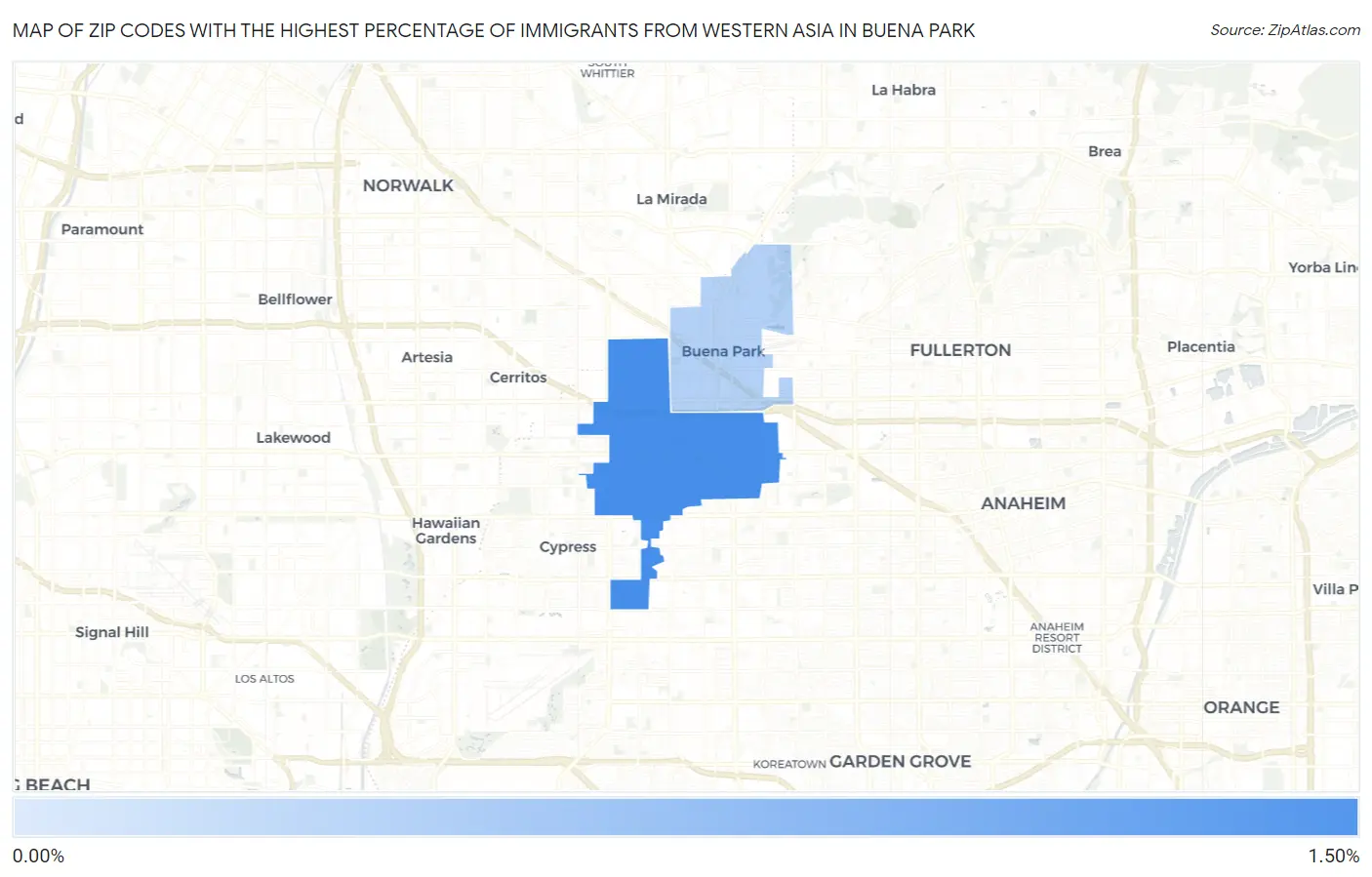 Zip Codes with the Highest Percentage of Immigrants from Western Asia in Buena Park Map
