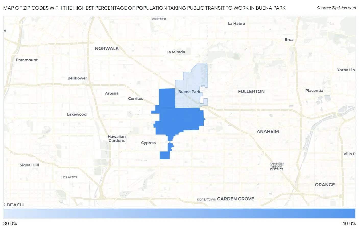 Zip Codes with the Highest Percentage of Population Taking Public Transit to Work in Buena Park Map