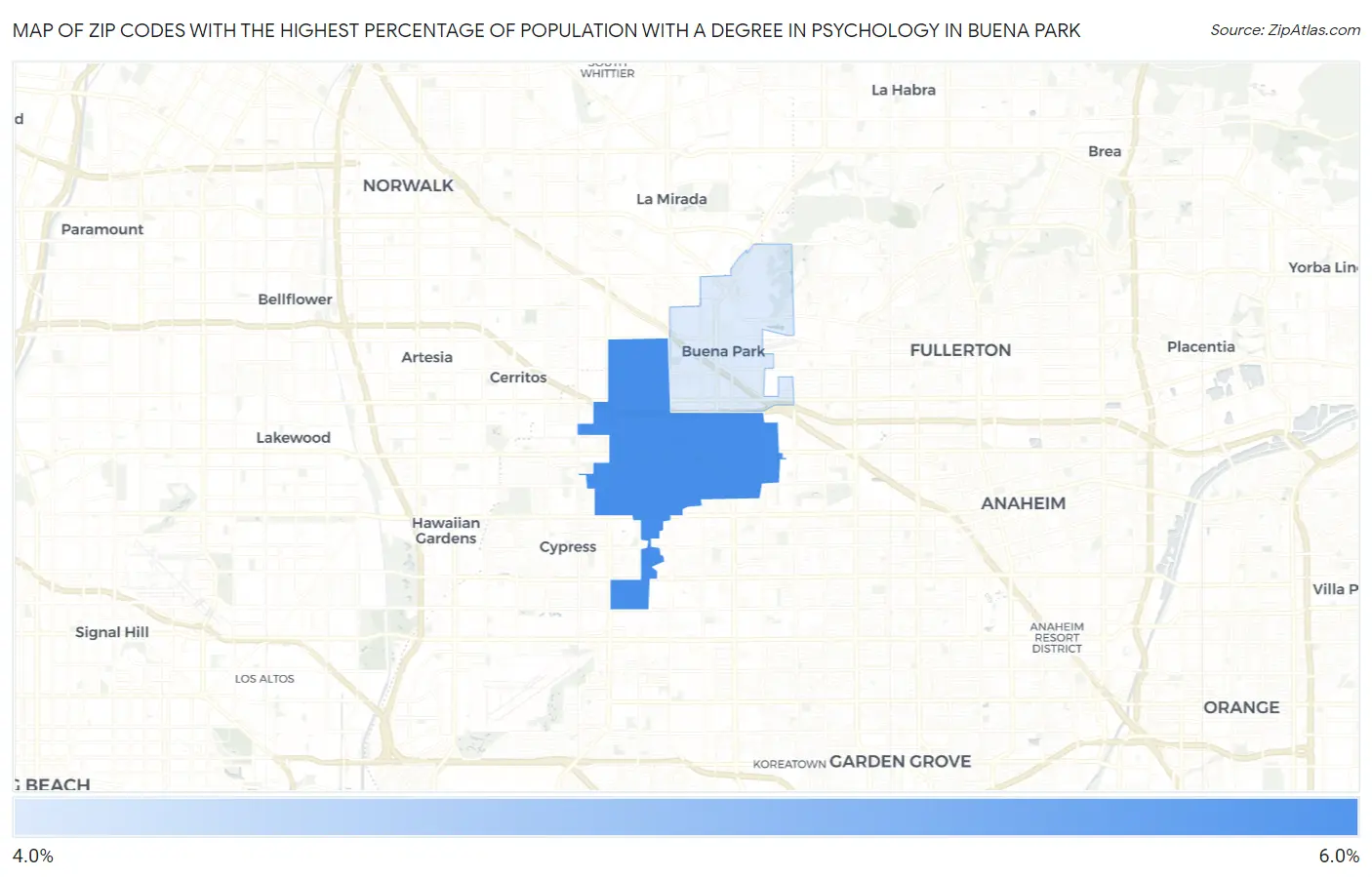 Zip Codes with the Highest Percentage of Population with a Degree in Psychology in Buena Park Map