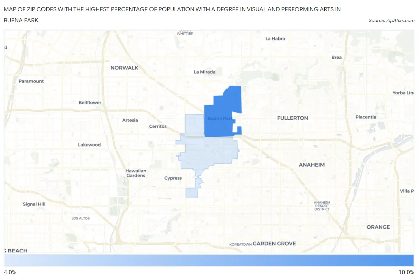 Zip Codes with the Highest Percentage of Population with a Degree in Visual and Performing Arts in Buena Park Map