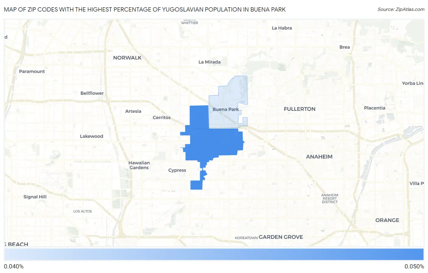 Zip Codes with the Highest Percentage of Yugoslavian Population in Buena Park Map