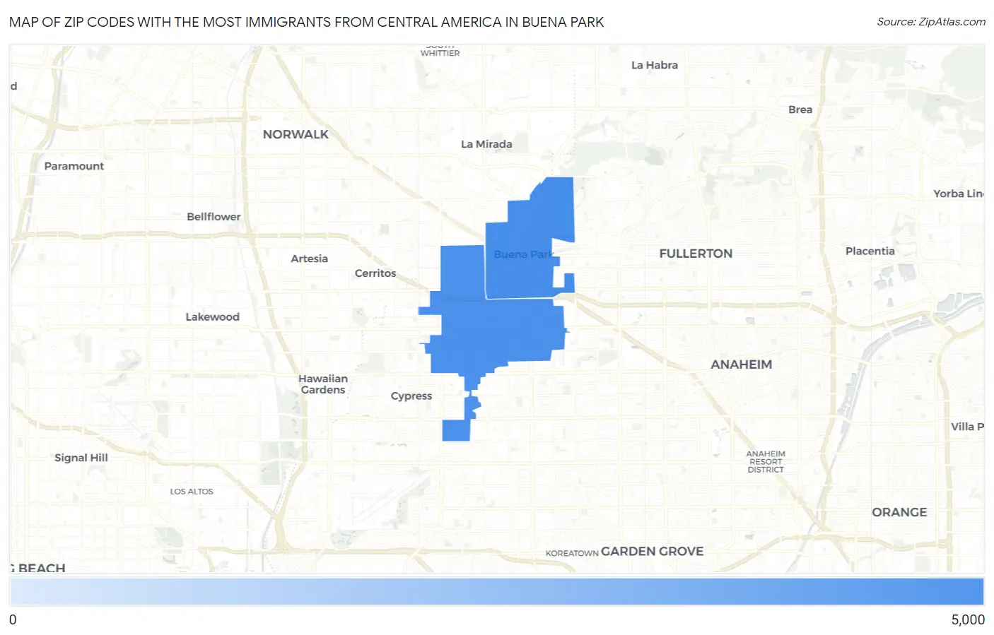 Zip Codes with the Most Immigrants from Central America in Buena Park Map