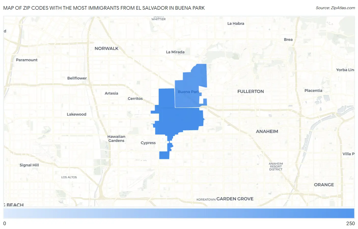 Zip Codes with the Most Immigrants from El Salvador in Buena Park Map