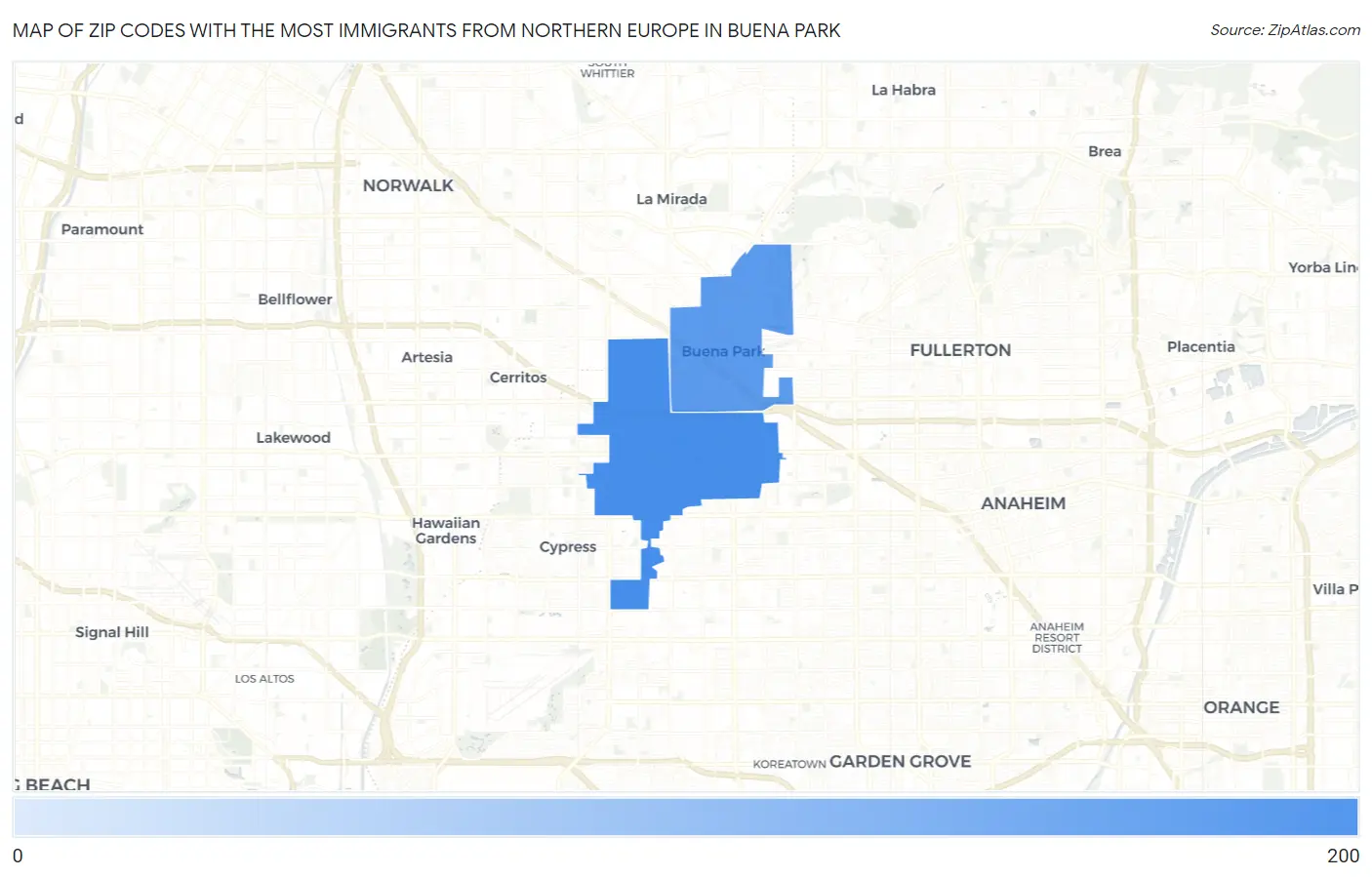 Zip Codes with the Most Immigrants from Northern Europe in Buena Park Map