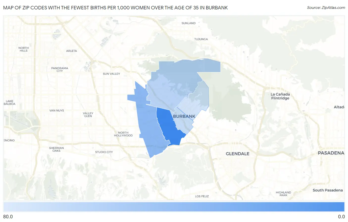 Zip Codes with the Fewest Births per 1,000 Women Over the Age of 35 in Burbank Map