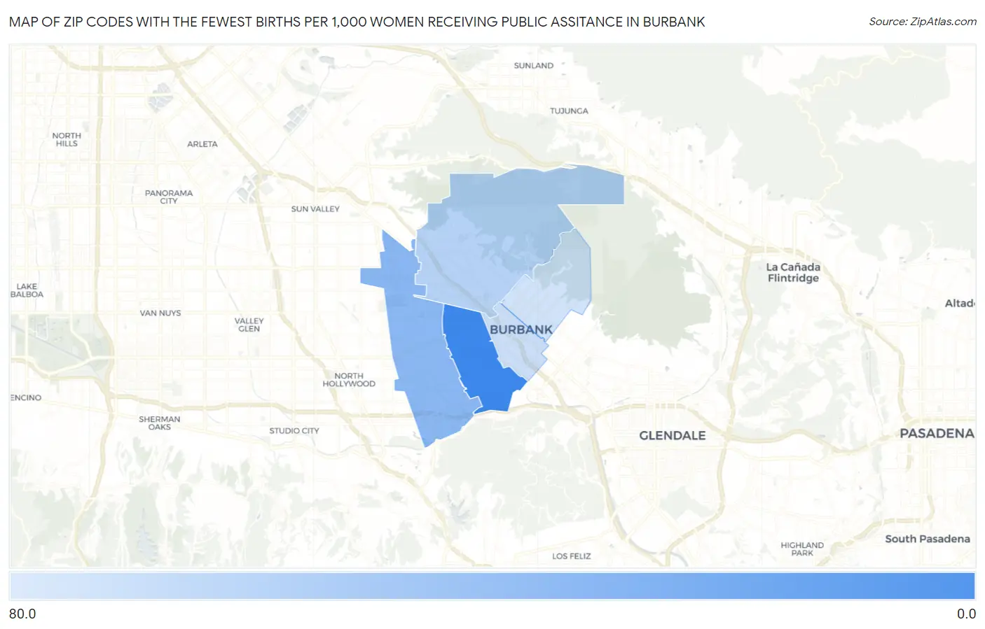 Zip Codes with the Fewest Births per 1,000 Women Receiving Public Assitance in Burbank Map