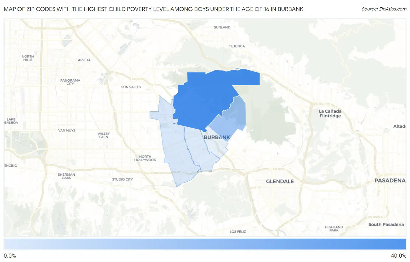 Zip Codes with the Highest Child Poverty Level Among Boys Under the Age of 16 in Burbank Map