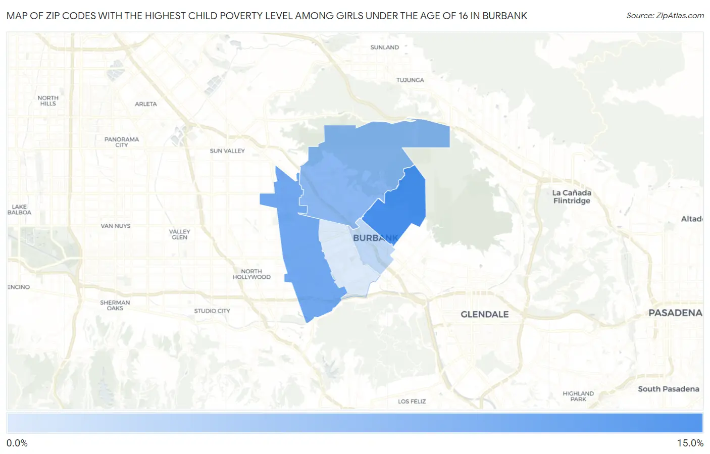 Zip Codes with the Highest Child Poverty Level Among Girls Under the Age of 16 in Burbank Map