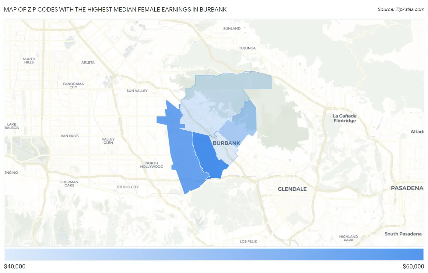 Zip Codes with the Highest Median Female Earnings in Burbank Map
