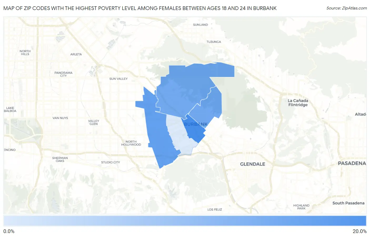 Zip Codes with the Highest Poverty Level Among Females Between Ages 18 and 24 in Burbank Map